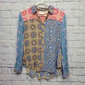 Multicolored Graphic Long Sleeve Button Down Blouse